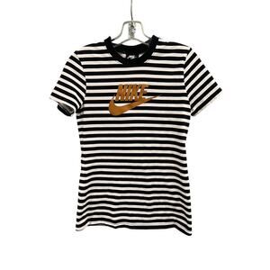 Nike Black White Striped Tee Size Small Gold Logo Athleisure Casual